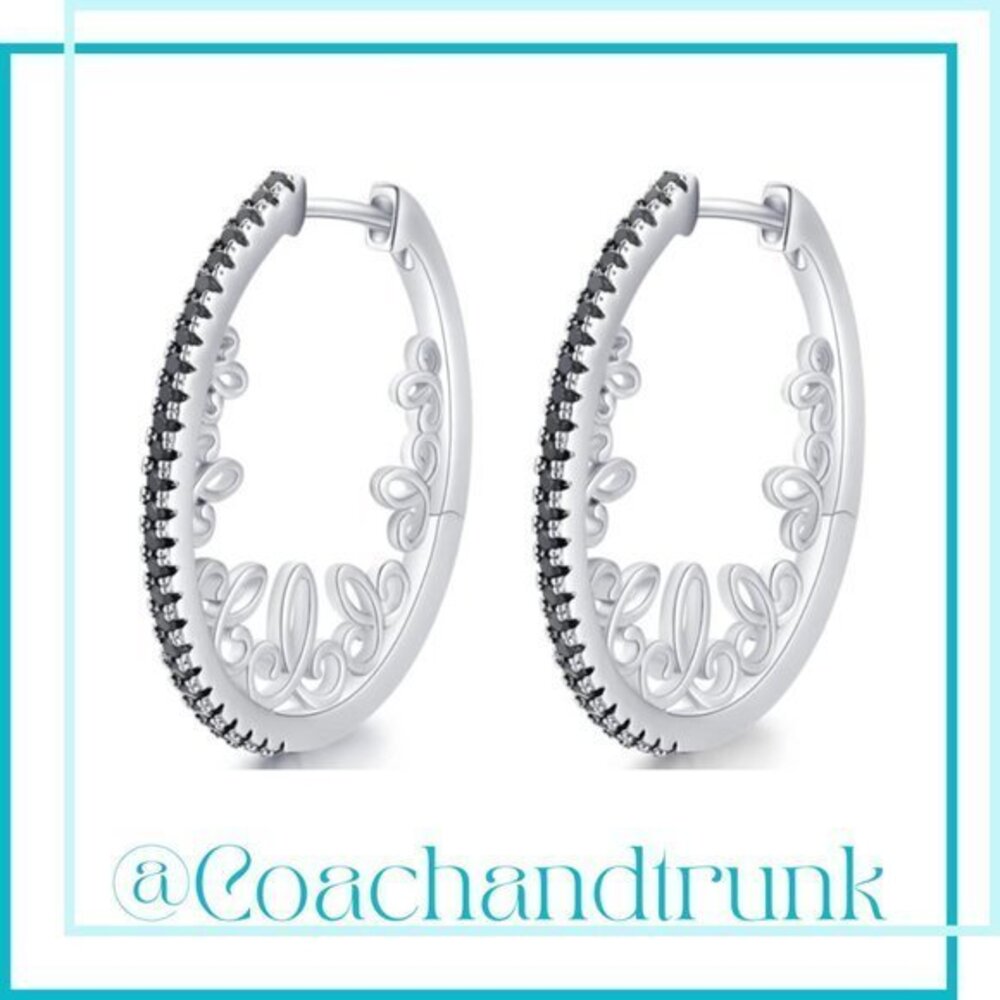 Filigree Silver Black Spinel Sim Channel Set Vintage Style Hoop Earrings Nwt